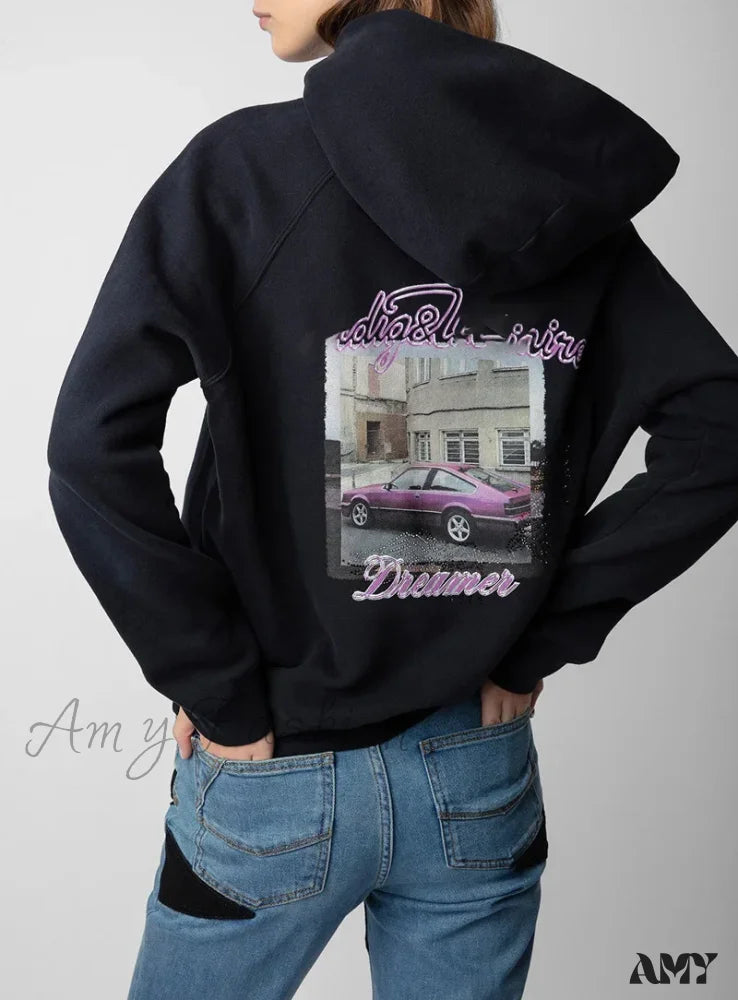 Purple Fleece Cozy Comfortable Embroidered Trendy Stylish Hoodies Black / S