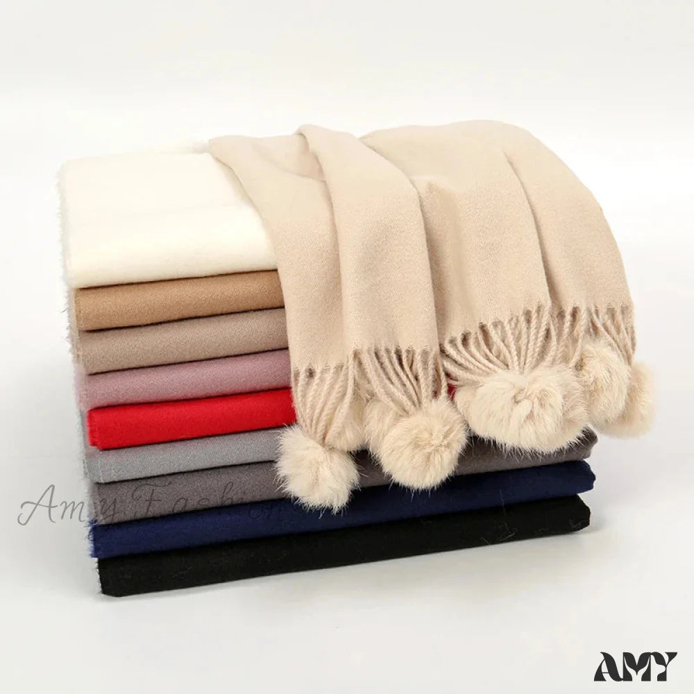 Rabbit Fur Ball Cashmere Pompom Oversize Blanket Scarf For Women