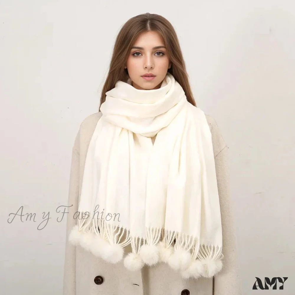 Rabbit Fur Ball Cashmere Pompom Oversize Blanket Scarf For Women