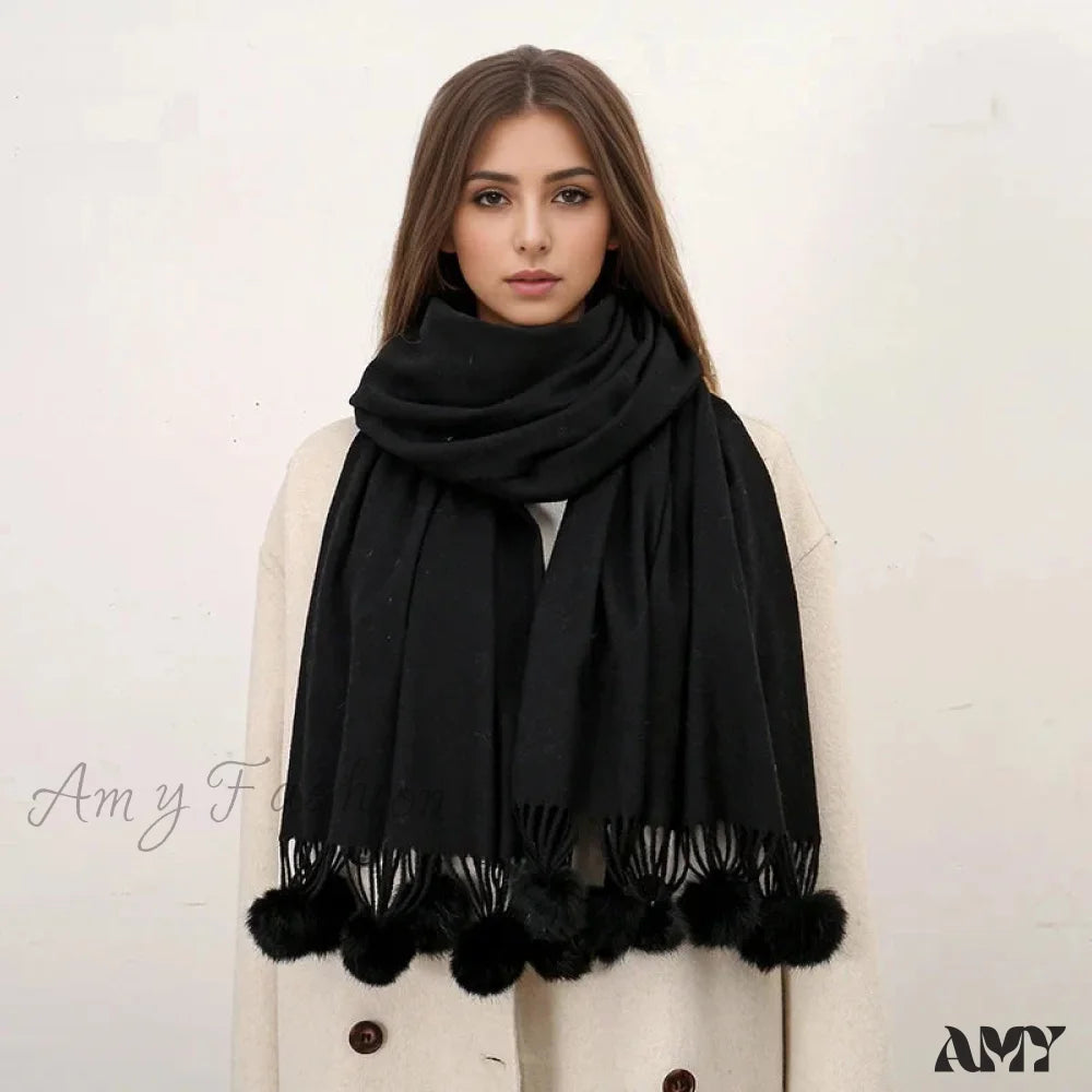 Rabbit Fur Ball Cashmere Pompom Oversize Blanket Scarf For Women