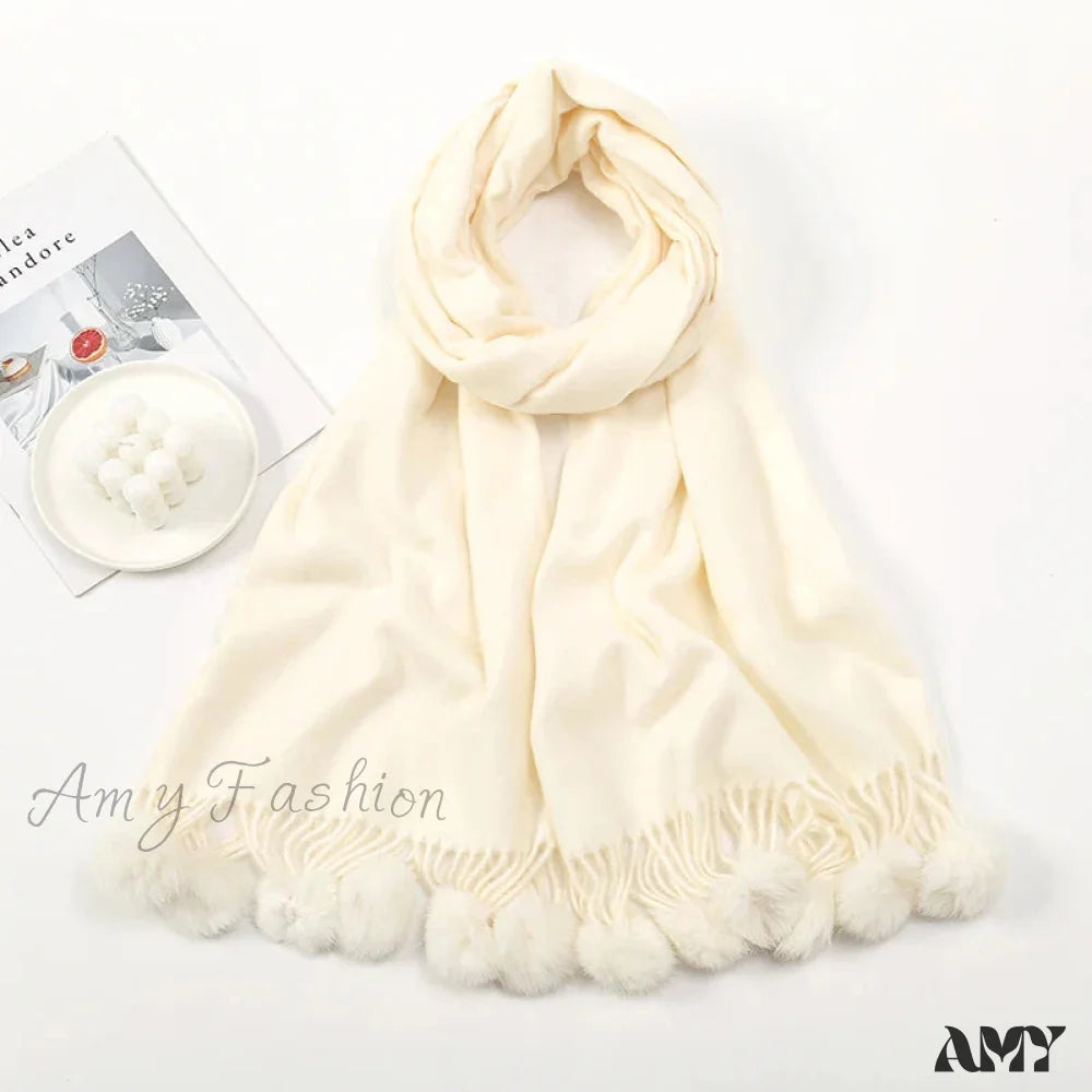 Rabbit Fur Ball Cashmere Pompom Oversize Blanket Scarf For Women Apricot