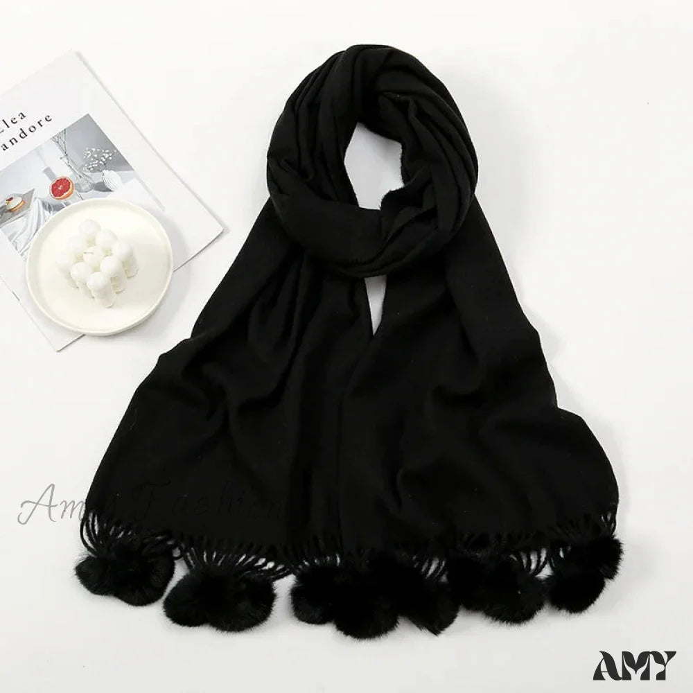 Rabbit Fur Ball Cashmere Pompom Oversize Blanket Scarf For Women Black