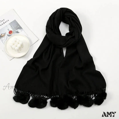 Rabbit Fur Ball Cashmere Pompom Oversize Blanket Scarf For Women Black