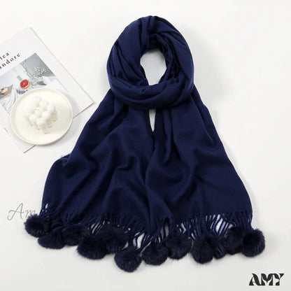 Rabbit Fur Ball Cashmere Pompom Oversize Blanket Scarf For Women Dark Blue