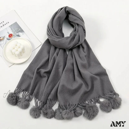 Rabbit Fur Ball Cashmere Pompom Oversize Blanket Scarf For Women Dark Grey