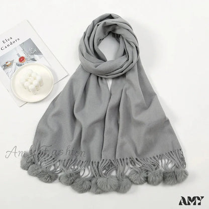 Rabbit Fur Ball Cashmere Pompom Oversize Blanket Scarf For Women Grey