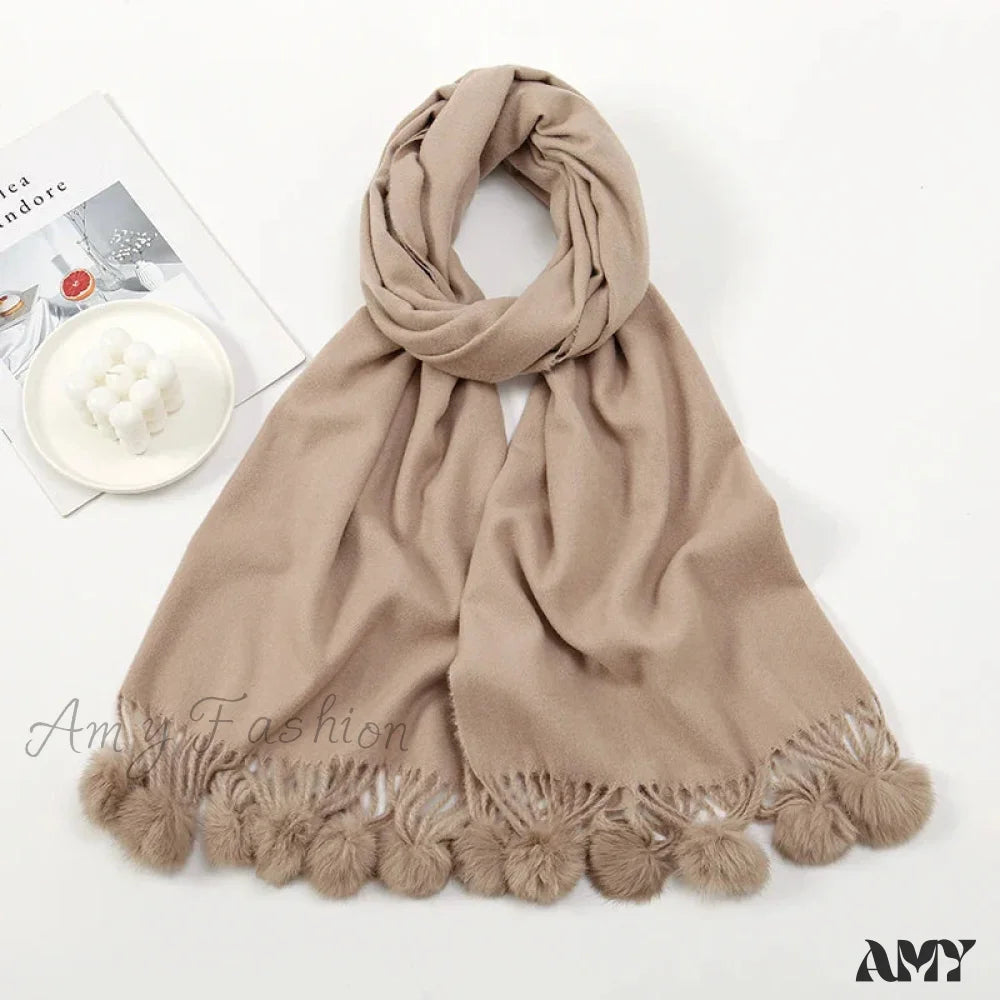 Rabbit Fur Ball Cashmere Pompom Oversize Blanket Scarf For Women Khaki