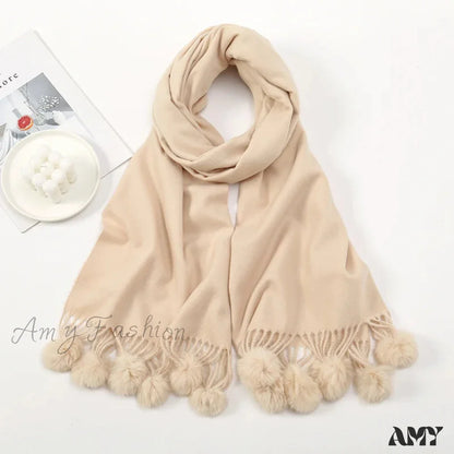 Rabbit Fur Ball Cashmere Pompom Oversize Blanket Scarf For Women Light Khaki