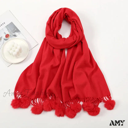 Rabbit Fur Ball Cashmere Pompom Oversize Blanket Scarf For Women Red