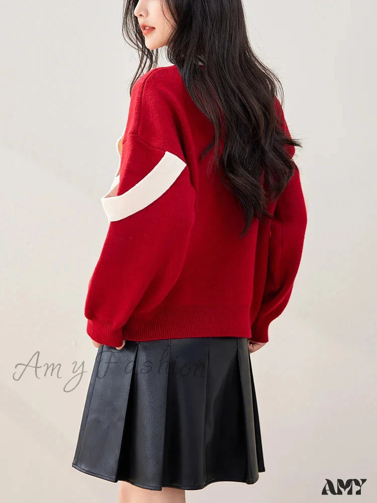 Red Bow Winter Patchwork Soft Long Sleeve Christmas Sweater