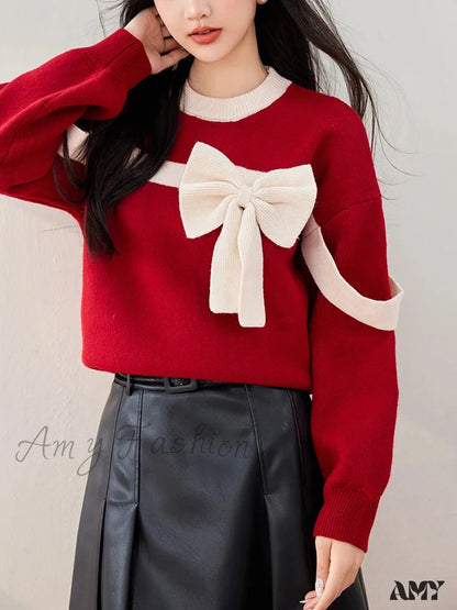 Red Bow Winter Patchwork Soft Long Sleeve Christmas Sweater