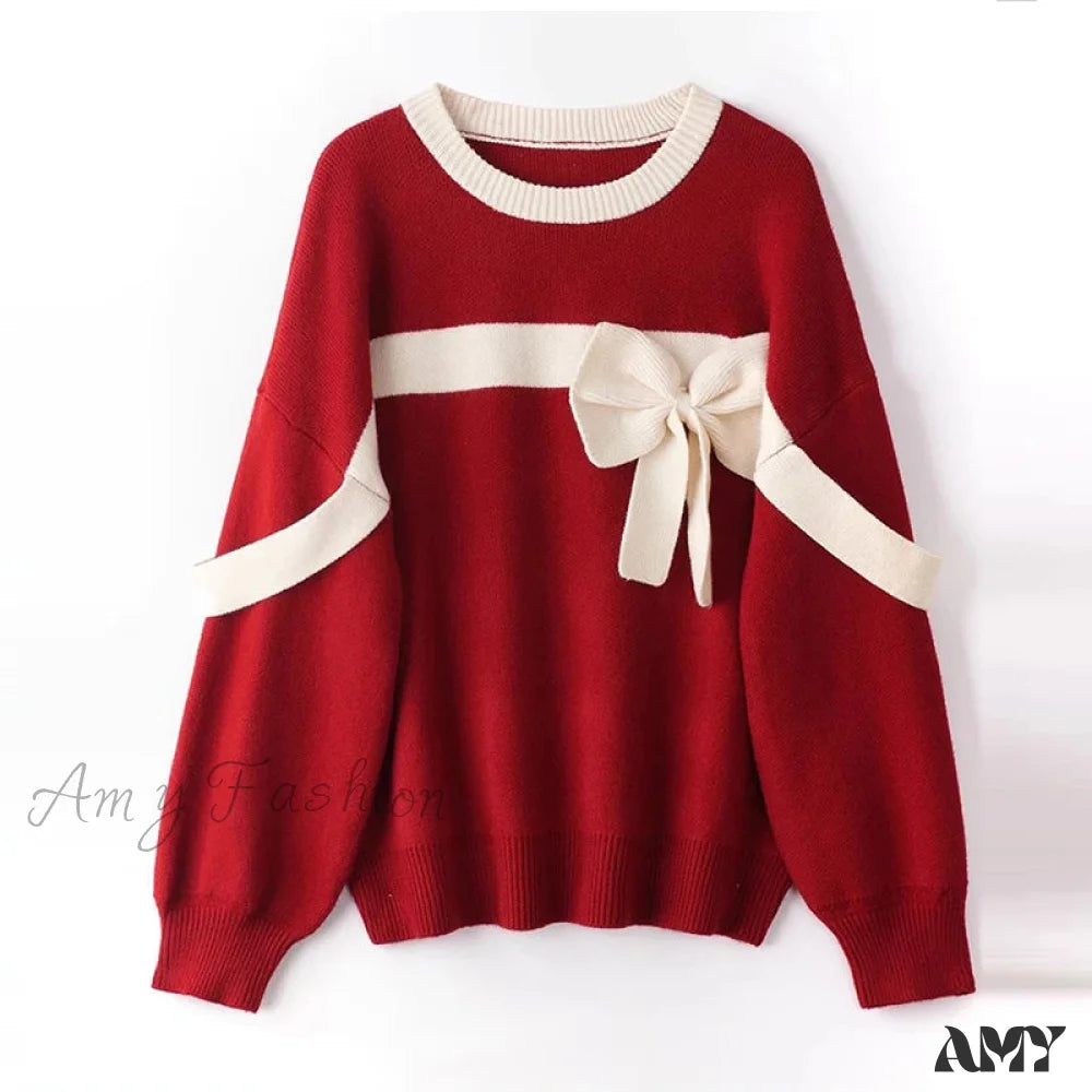 Red Bow Winter Patchwork Soft Long Sleeve Christmas Sweater / One Size