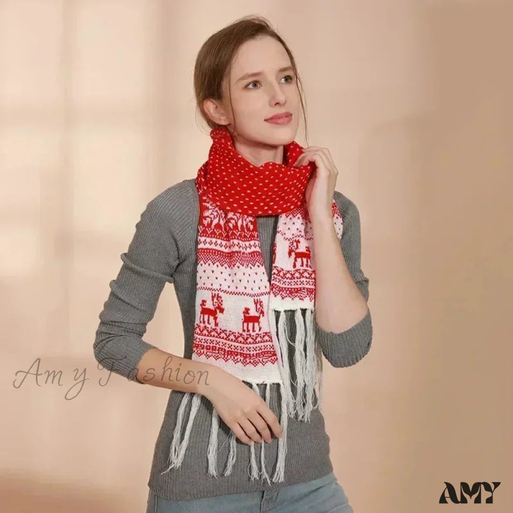 Red Cartoon Reindeer Snowflake Warm Scarf For Christmas