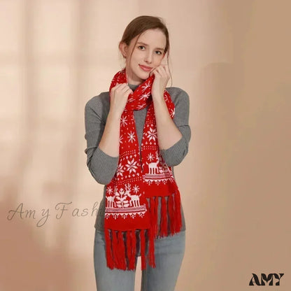 Red Cartoon Reindeer Snowflake Warm Scarf For Christmas