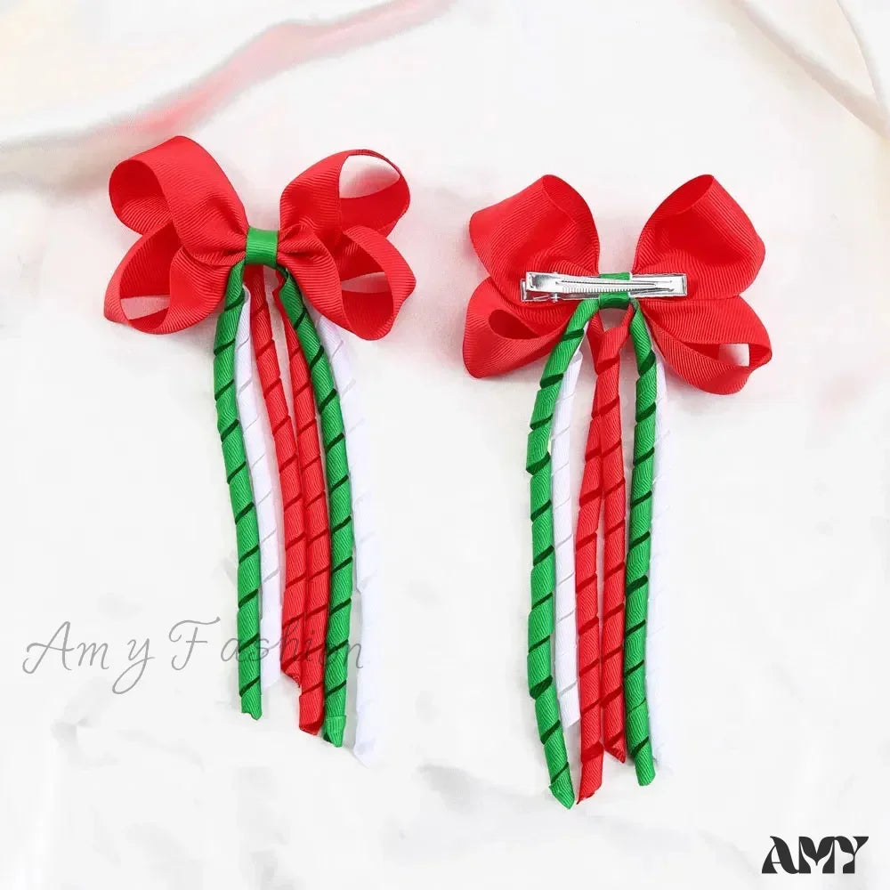 Red Christmas Hair Accessory With Long Tassel Solid Ribbon