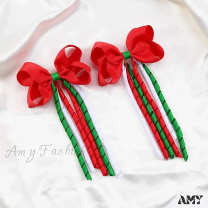 Red Christmas Hair Accessory With Long Tassel Solid Ribbon