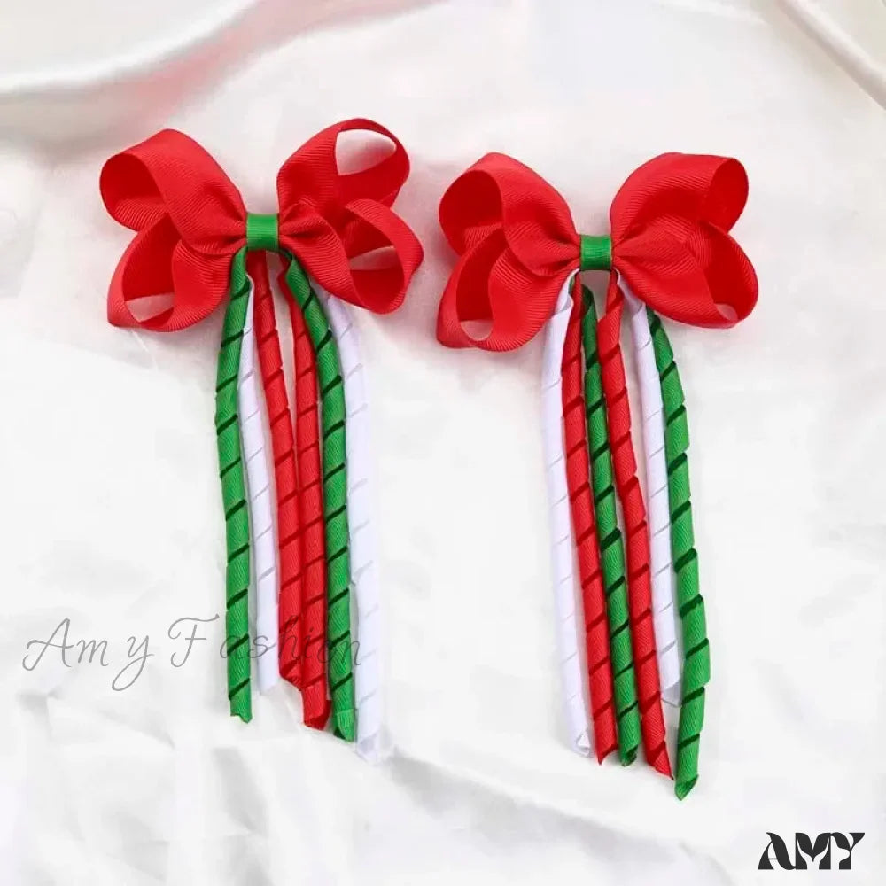 Red Christmas Hair Accessory With Long Tassel Solid Ribbon Green