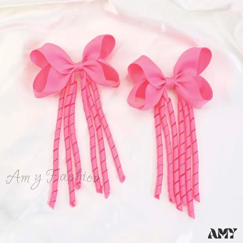 Red Christmas Hair Accessory With Long Tassel Solid Ribbon Pink