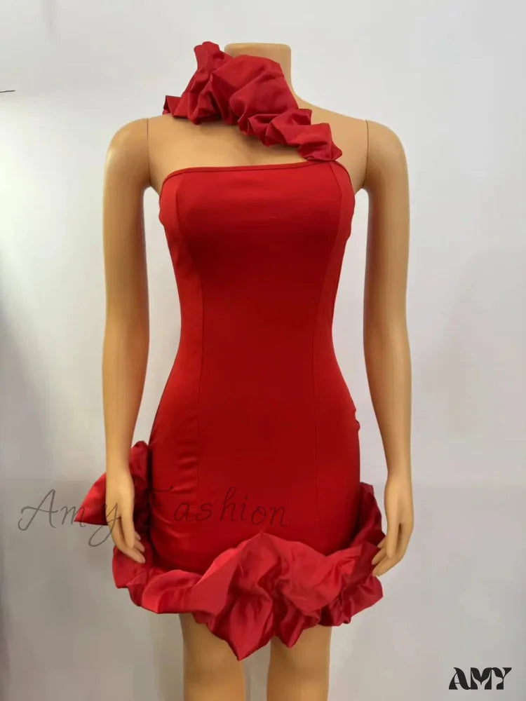 Red Christmas Party Dress - A-Line Backless One-Shoulder