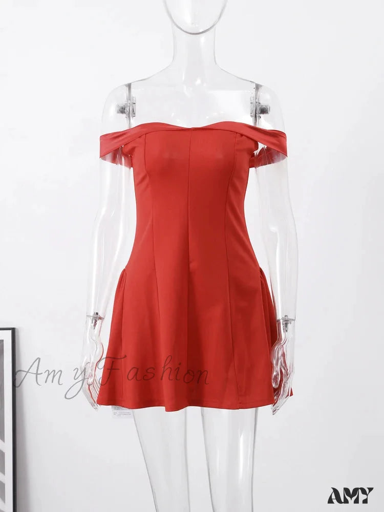 Red Christmas Party Dress - Off Shoulder Backless Pleated Zipper