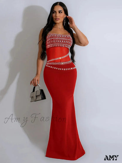 Red Christmas Party Dress With Elegant Mesh See Through Rhinestones Strap Red / S