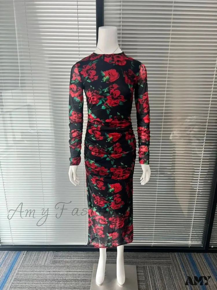 Red Christmas Party Dress With Long Sleeve Silk Flower Lace Up