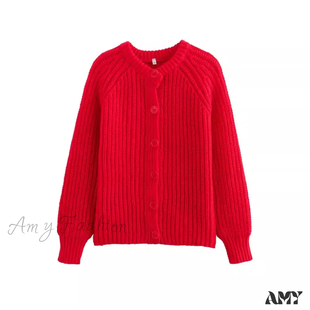 Red Christmas Sweater - Short Cardigan With Round Neck And Long Sleeves / S