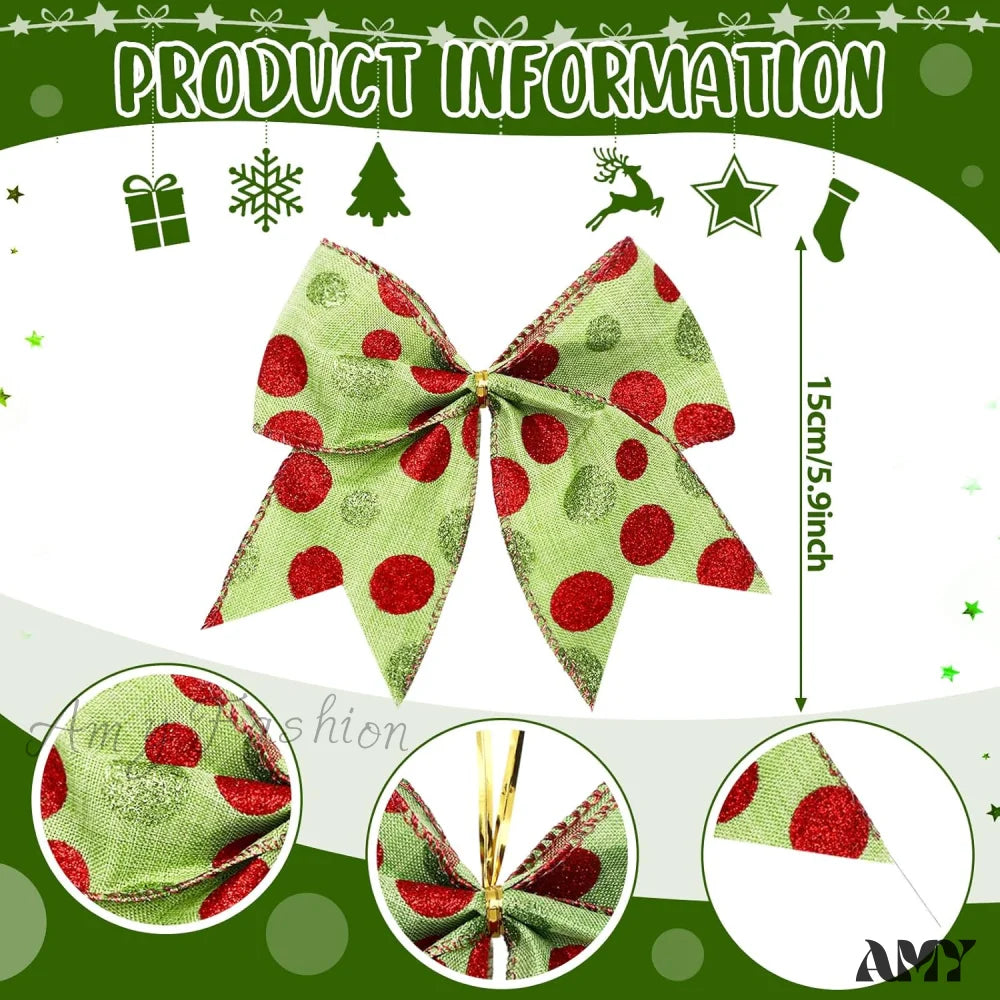 Red Green Christmas Bows Decoration - 6 Inch Large Xmas Elf Tree Dot Ribbons Ornaments For Garland