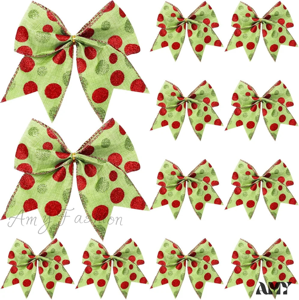 Red Green Christmas Bows Decoration - 6 Inch Large Xmas Elf Tree Dot Ribbons Ornaments For Garland