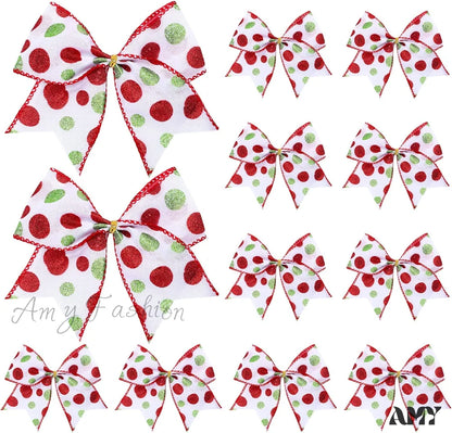 Red Green Christmas Bows Decoration - 6 Inch Large Xmas Elf Tree Dot Ribbons Ornaments For Garland