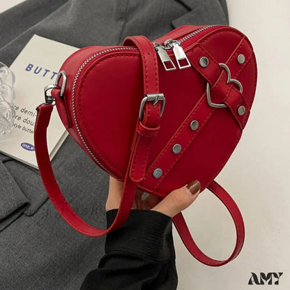 Red Leather Heart Shaped Vintage Chain Rivet Y2K Small Bag Pu Wine