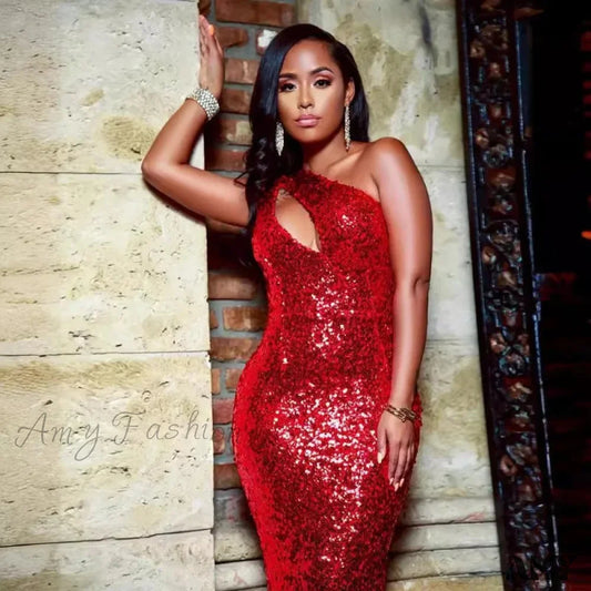 Red Sequins Bodycon Maxi Evening Party Dress With Hollow Detail