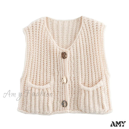 Red Sleeveless Sexy Single Breasted Vest Fashion Casual Sweater Apricot / S