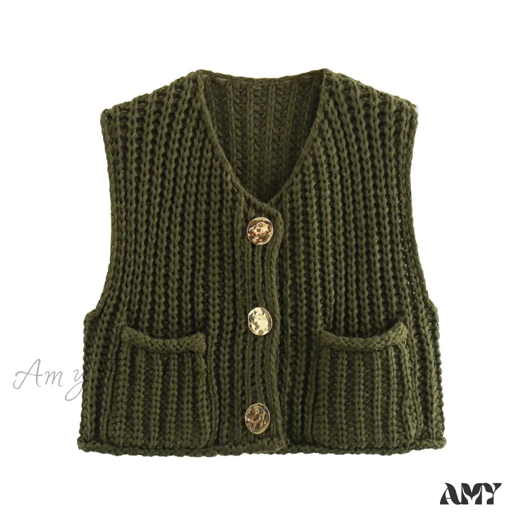 Red Sleeveless Sexy Single Breasted Vest Fashion Casual Sweater Army Green / S