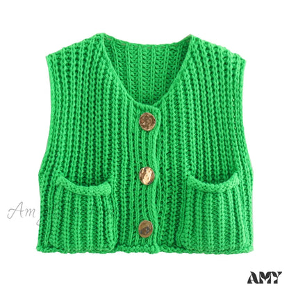 Red Sleeveless Sexy Single Breasted Vest Fashion Casual Sweater Green / S