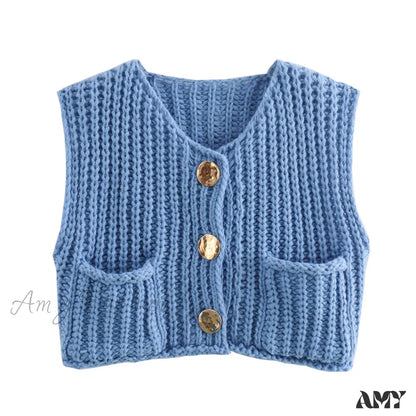 Red Sleeveless Sexy Single Breasted Vest Fashion Casual Sweater Light Blue / S