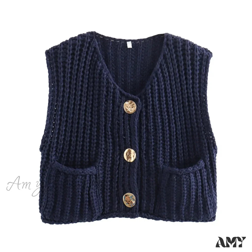 Red Sleeveless Sexy Single Breasted Vest Fashion Casual Sweater Nary Blue / S