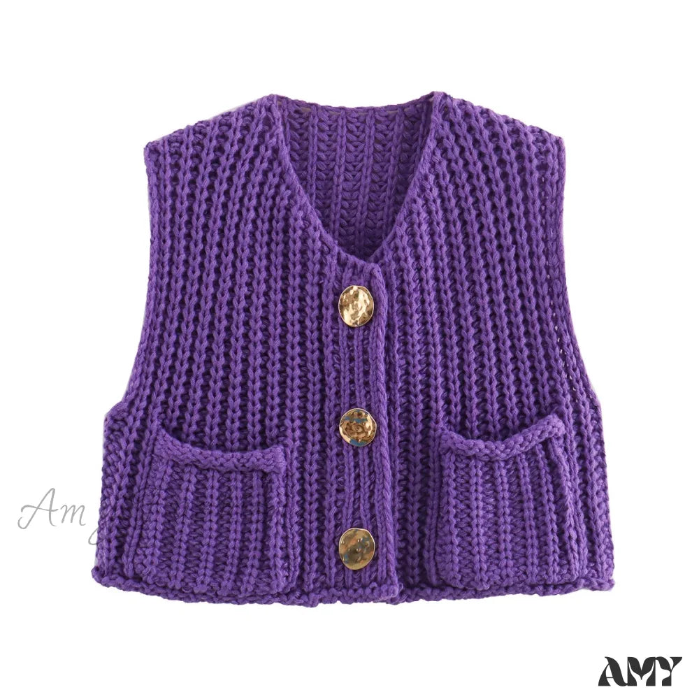 Red Sleeveless Sexy Single Breasted Vest Fashion Casual Sweater Purple / S