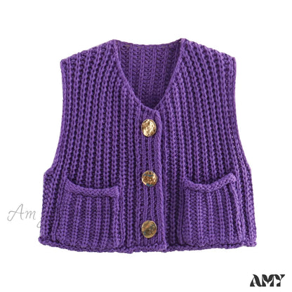 Red Sleeveless Sexy Single Breasted Vest Fashion Casual Sweater Purple / S