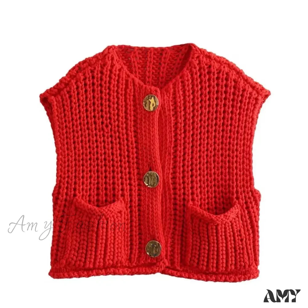 Red Sleeveless Sexy Single Breasted Vest Fashion Casual Sweater / S