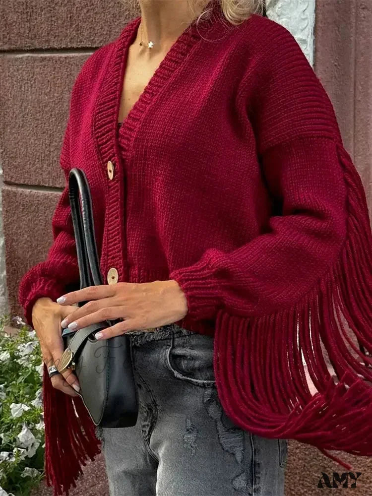 Red Tassels Patchwork V Neck Christmas Sweater