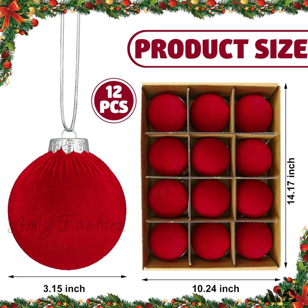 Red Velvet Christmas Ball Ornament Set - Flocked Hanging Balls For Tree Shatterproof Plastic