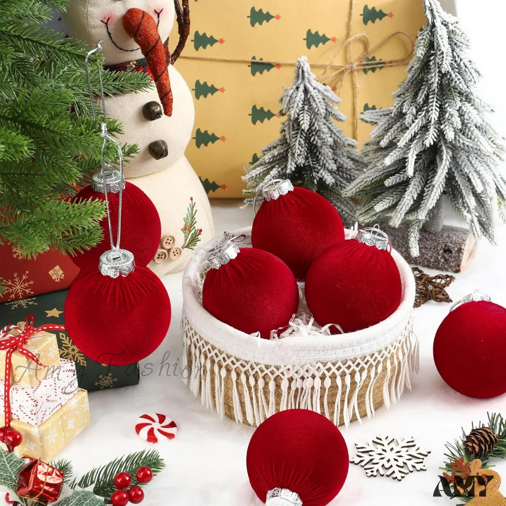 Red Velvet Christmas Ball Ornament Set - Flocked Hanging Balls For Tree Shatterproof Plastic