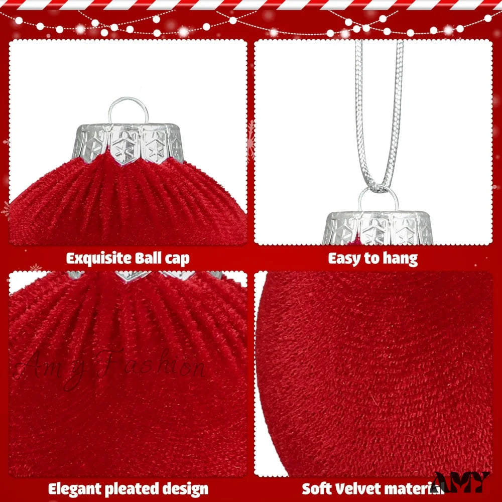 Red Velvet Christmas Ball Ornament Set - Flocked Hanging Balls For Tree Shatterproof Plastic