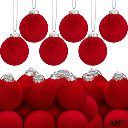 Red Velvet Christmas Ball Ornament Set - Flocked Hanging Balls For Tree Shatterproof Plastic