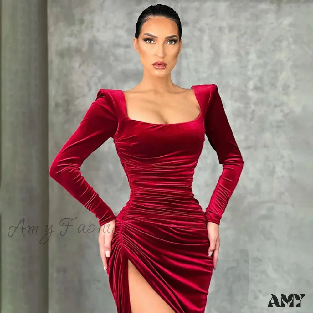 Red Velvet Elegant Midi Christmas Party Dress Burgundy / S