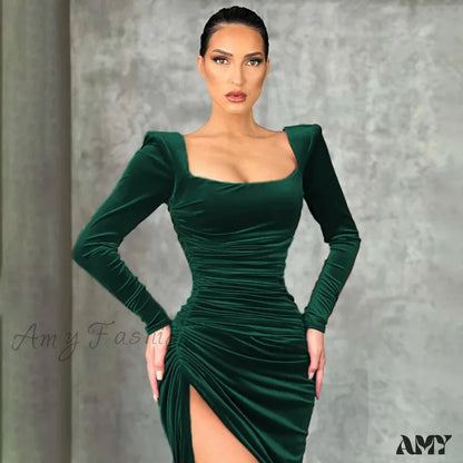 Red Velvet Elegant Midi Christmas Party Dress Green / S