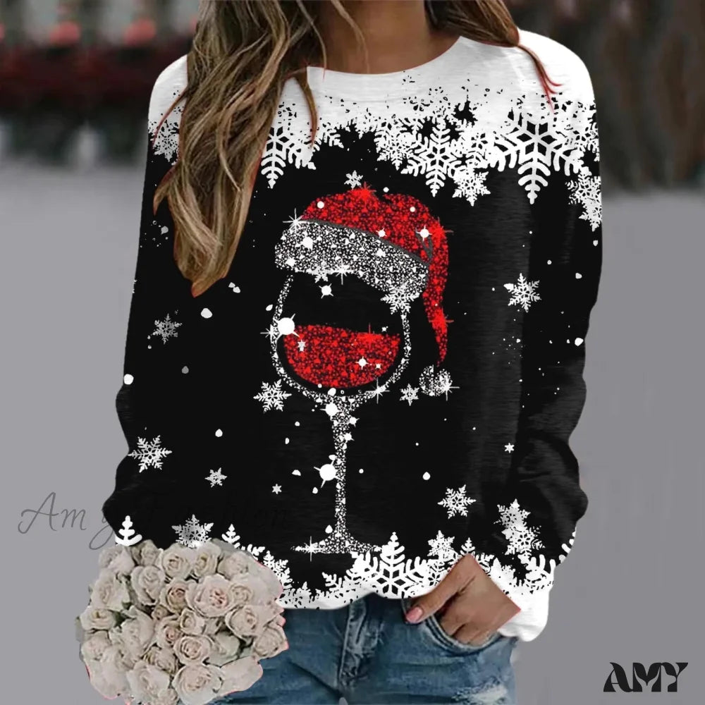 Reindeer Graphic Long Sleeve Sweatshirt - New Year Christmas Sweater 1-Black / S