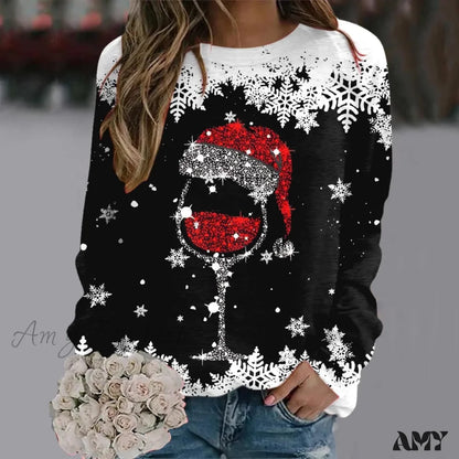 Reindeer Graphic Long Sleeve Sweatshirt - New Year Christmas Sweater 1-Black / S