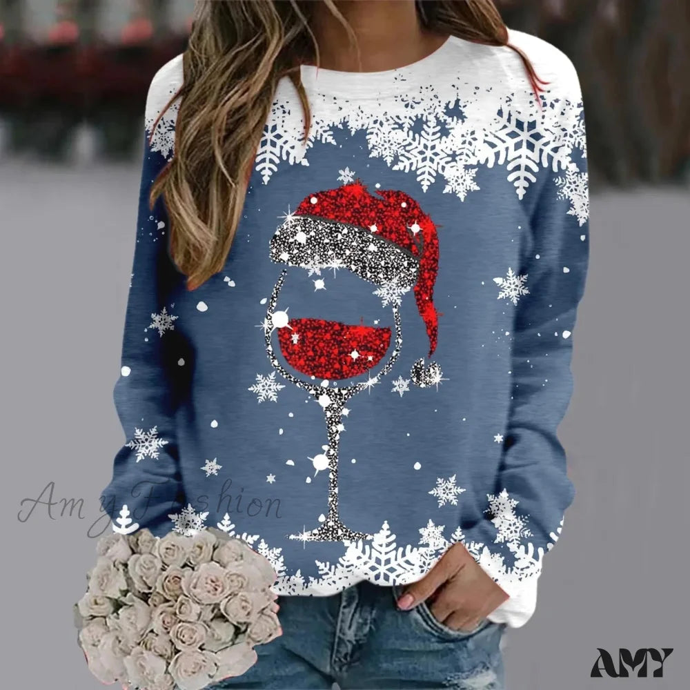 Reindeer Graphic Long Sleeve Sweatshirt - New Year Christmas Sweater 1-Blue / S